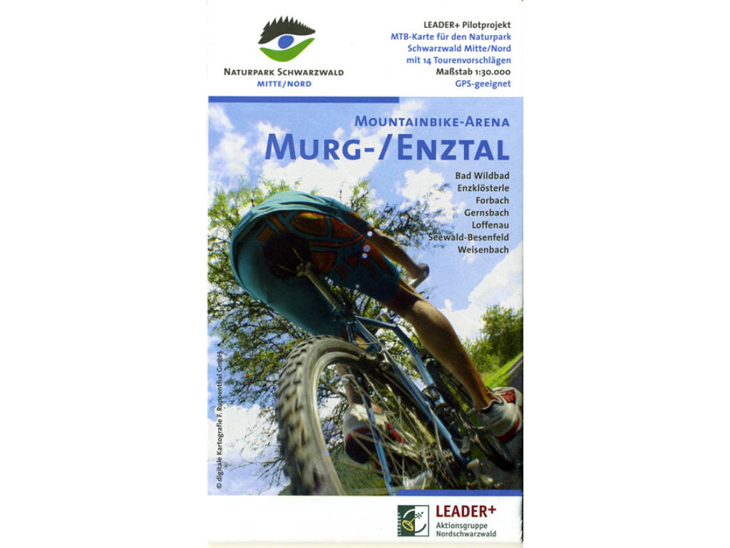 Titelbild der Radkarte Mountainbike-Arena Murg-Enztal mit Strecken im Schwarzwald und dynamischem Mountainbiker-Motiv.