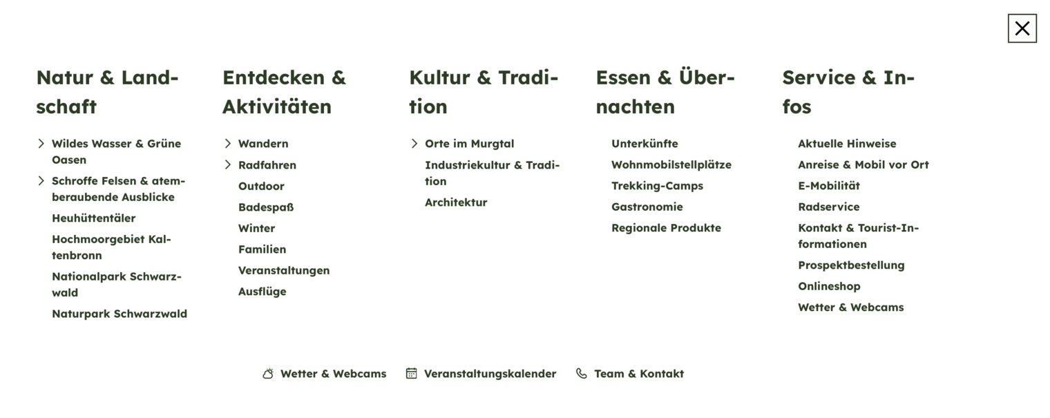 Menü der WEbsite aufgeklappt